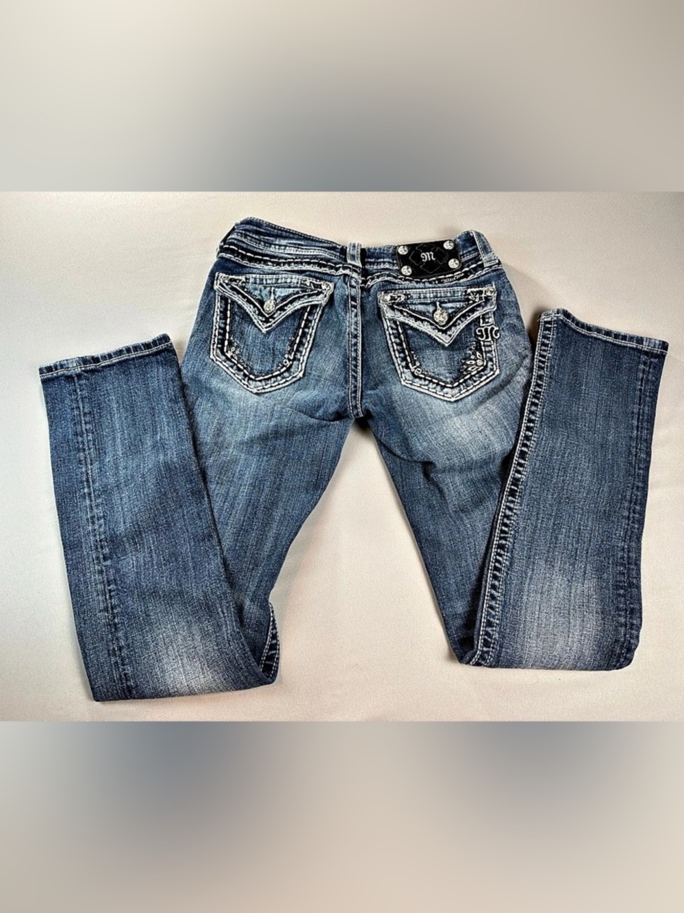 Miss Me Jeans JES37T2L Straight Boot Cut Size 4 27 Y2K Flap Pockets Studded